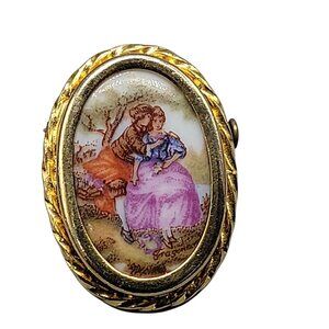Limoges France Porcelain Brooch Antique Sisters Enamel Design Gold Tone Frame